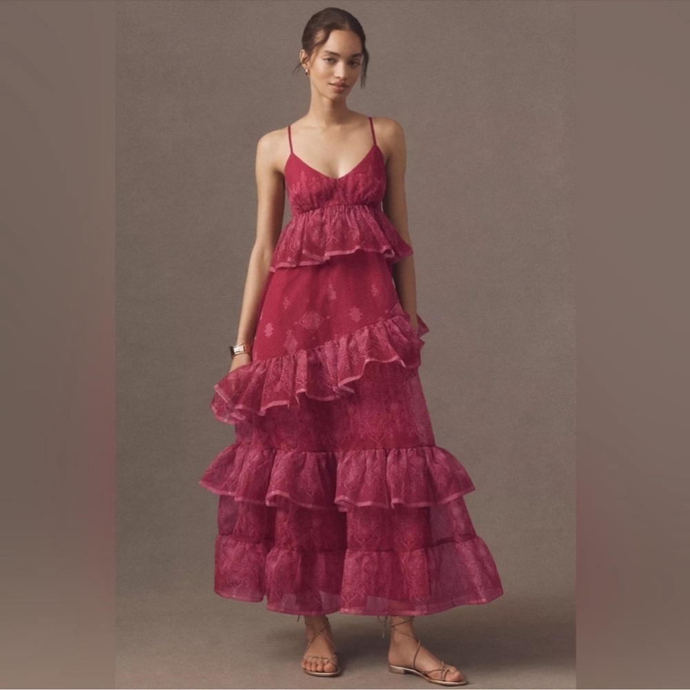 NWT! Anthropologie Let Me Be Sleeveless Sheer Tiered Midi Dress 🍟🧳🪑